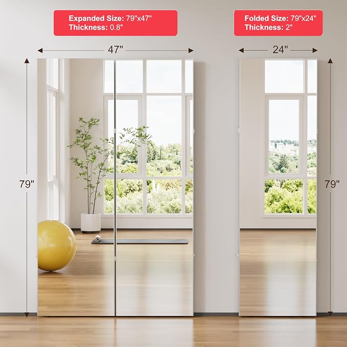 NanoMirror Space-Saving 360° Folding Full Length Mirror, 79" x 47" Ultra-Large Wall Mounted Shatterproof Foldable Design for Home Gym, Yoga, Dance, Fitness Studio, Black