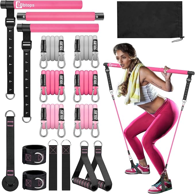 Bbtops Pilates Bar Kit with Resistance Bands,Pilates Bar with Stackable Bands Workout Equipment for Legs,Hip,Waist and Arm,Exercise Fitness Equipment for Women & Men Home Gym Yoga Pilates