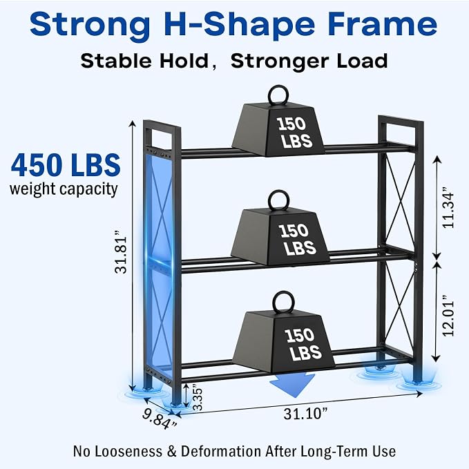 Dumbbell Rack Stand Only, 2 Tier | 3 Tier Adjustable Weight Rack | Thick Steel, Stable Compact H-Frame, Custom Bar Gap, Non-Slip Base, Waterproof Rustproof Coating, For Home Gym Garage Storage