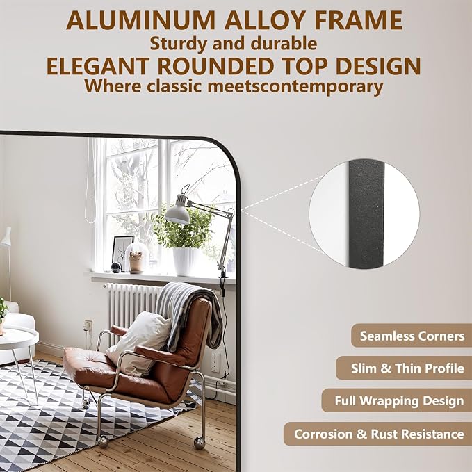 Koonmi Full Length Mirror, 76"x34" Mirror Full Length with Stand | Domed Top Square-Edged ShatterProof Floor Mirror with Black Aluminum Alloy Frame for Bedroom Living Room Home Gym