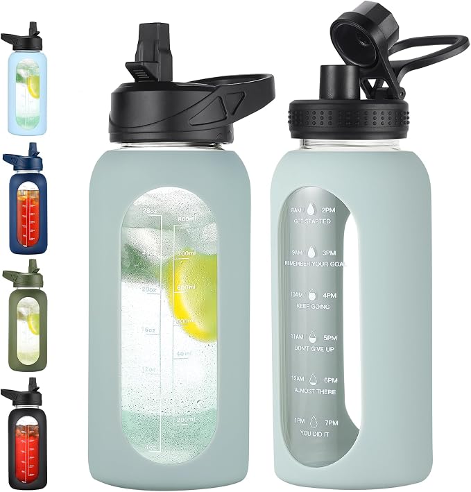 EALGRO 32 oz Glass Water Bottle with Straw, Large Sports Water Jug | Motivational Water Bottle with Time Marker and Silicone Sleeve, Flask Cup with Handle for Travel, Gym, Hiking, School, Sage