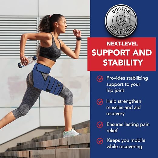 Dr. Arthritis Hip Brace, Adjustable Sciatic Nerve Brace & Stabilizer for Pulled Muscles & Injury Recovery, Hamstring Compression Sleeve Support, Sciatica Pain Relief Devices for Men & Women (S/M, Navy)