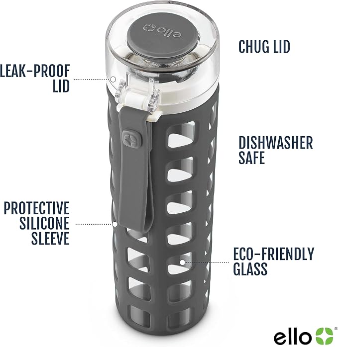 Ello Syndicate 20oz Glass Water Bottle with Flip Lid and Sleeve, Pink | Glass water bottle for iced drinks with leakproof flip lid, silicone sleeve, carry loop, BPA-free, and dishwasher safe