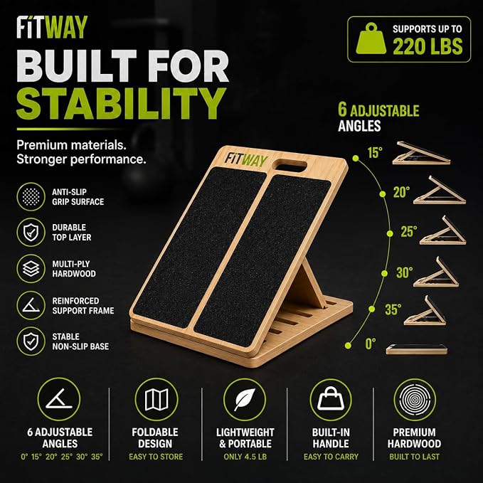 Adjustable Wooden Slant Board, 5-Level Calf Stretcher for Mobility & Rehab | Non-slip velour surface, 5-level incline, 5 resistance bands. Foldable, portable for home gym, physical therapy & rehab use.