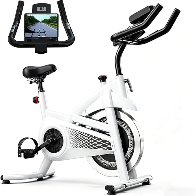Exercise Bike with Bluetooth, Wool Felt Brake Pad Stationary Bike - 300lb Weight Capacity Quiet Belt Drive Indoor Cycling Bike for Home Cardio, Adjustable Handlebar & Extra Soft Seat, Digital LED Monitor