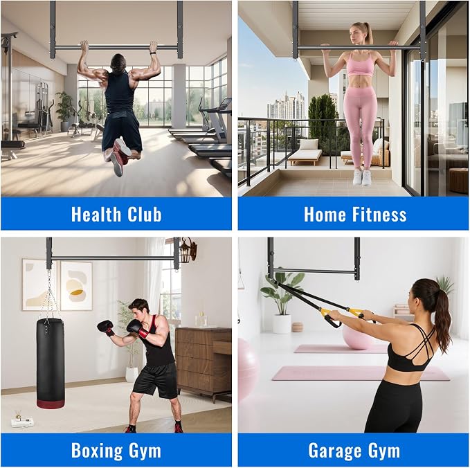 48" Ceiling Mount Pull Up Bar, Adjustable Height, 700LBS Capacity | Includes suspension trainer straps.For home gym,garage,basement.Ideal for pull ups & full body stretching.