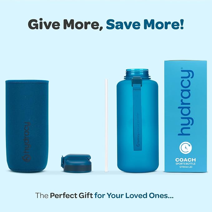 Hydracy 2L Large Water Bottle, Shatterproof, BPA Free Tritan Plastic, Leakproof, Zero Condensation, With Detachable Carry Strap, Spillproof Lid, Convenient Silicon Spout, Ideal for Gym, Yoga | Leakproof,BPA Free,No Sweat Neoprene Sleeve,Carry Strap,Dai...