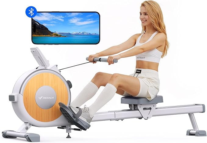 MERACH Rowing Machines for Home, Magnetic Rowing Machine with 16 Levels, Rower Machine of Quiet Resistance, Dual Slide Rail with Max 350lbs Weight Capacity, App Compatible