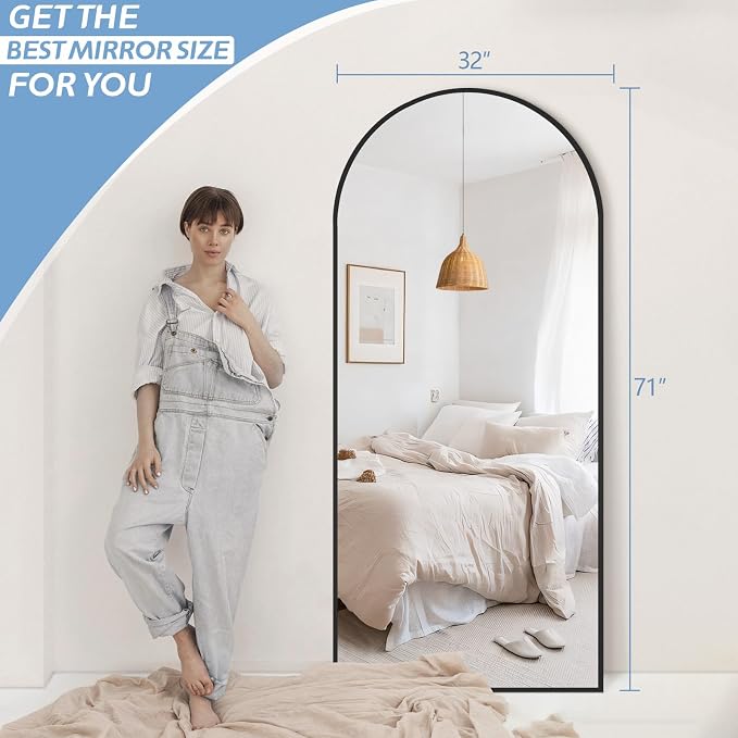 MirrMuse 71''x32'' Large Arched Floor Mirror Full Length with Stand, Black | Aluminum Alloy Frame and Tempered Glass, for Bedroom Living Room Gym, Wall Mounted or Leaning Against Wall