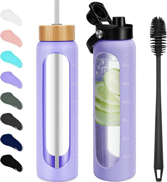FULBEVY 25 oz Glass Water Bottles - Motivational Tumbler With Time Marker - Borosilicate Glass With Silicone Sleeve and 2 Lids, Handle Spout & Bamboo Straw Lid (Purple)