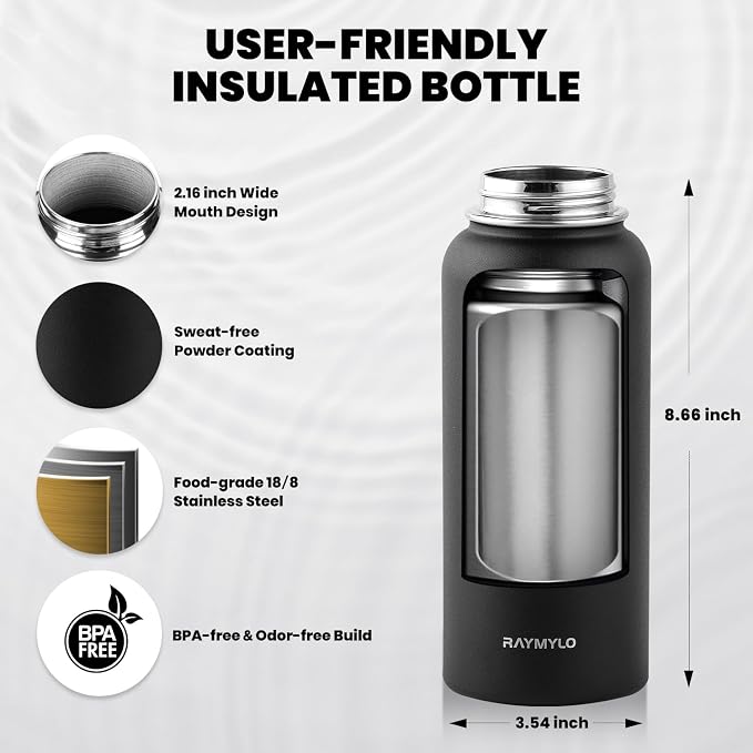 RAYMYLO Insulated Water Bottle 32 oz, Triple Wall Vacuum Stainless Steel | (Cold for 24Hrs, Hot for 12Hrs), Leak Proof & Non-BPA, Modern Water Flask Jug with Paracord Handle & Straw Spout Lids