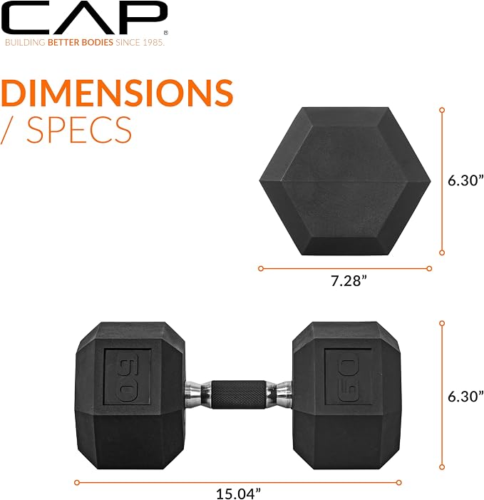 CAP Rubber Coated Dumbbell Weights, Free Weights for Home Gym Strength Training, Anti-Roll Hex Dumbbells with Black, Chrome & Comfort Grip Handles, Singles