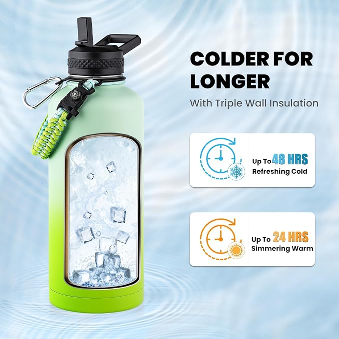 RAYMYLO Insulated Water Bottle 87 oz, Triple Wall Vacuum Stainless Steel | Cold for 48 Hrs), Leak Proof & Non-BPA, Modern Water Flask Jug with Paracord Handle & Straw Spout Lids, Ombre Green
