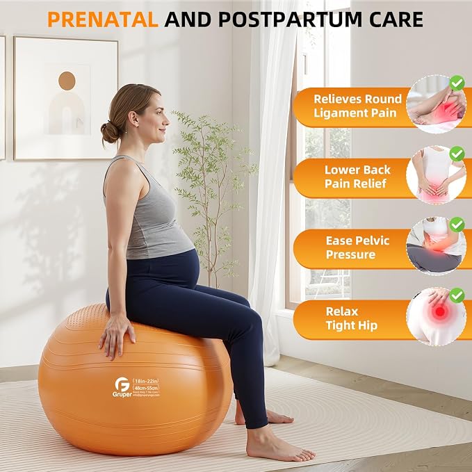 Gruper Yoga Ball, Extra Thick Non Slip Exercise Ball for Workout, Yoga, Pregnancy, 4 Sizes Anti Burst Chair for Home and Office, Includes Foot Pump & Fitness Guide