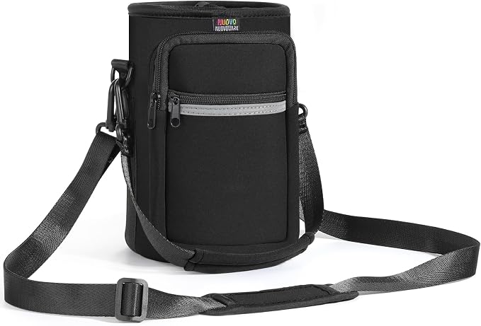 Nuovoware Water Bottle Carrier Bag, 64oz Bottle Pouch Holder, Adjustable Shoulder Hand Strap 2 Pocket Sling Neoprene Sleeve Sports Accessories for Hiking Travelling Camping, BlackCoal