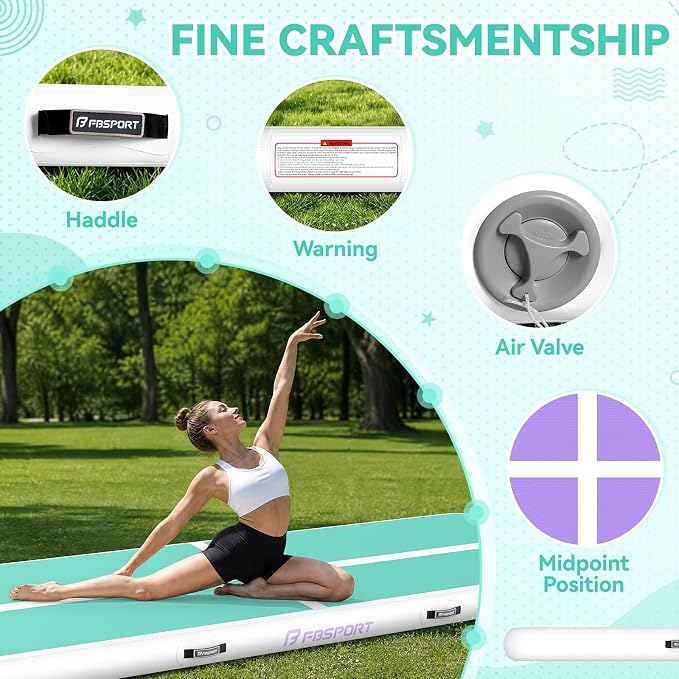 FBSPORT 6.6ft/10ft/13ft/16ft/20ft Inflatable Air Gymnastics Training Mat | 4/6/8 inches Thickness Inflatable Mat, with Electric Pump, Suitable for Home Training/Cheerleading/Yoga/Water