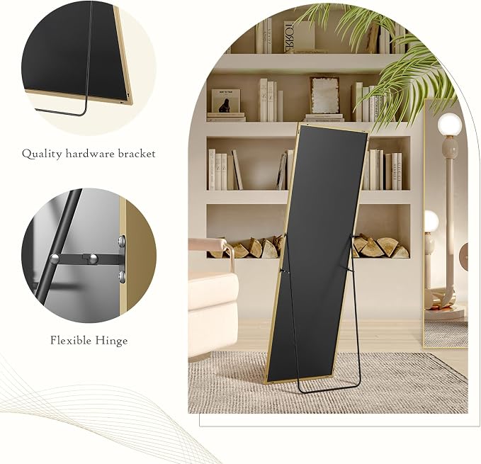 NEWBULIG 64"x21" Full Length Mirror, Full Body Standing Mirror, Gold | Leaning or Standing, Tempered Glass, Aluminum Alloy Thin Frame Floor Stand for Bedroom, Cloakroom