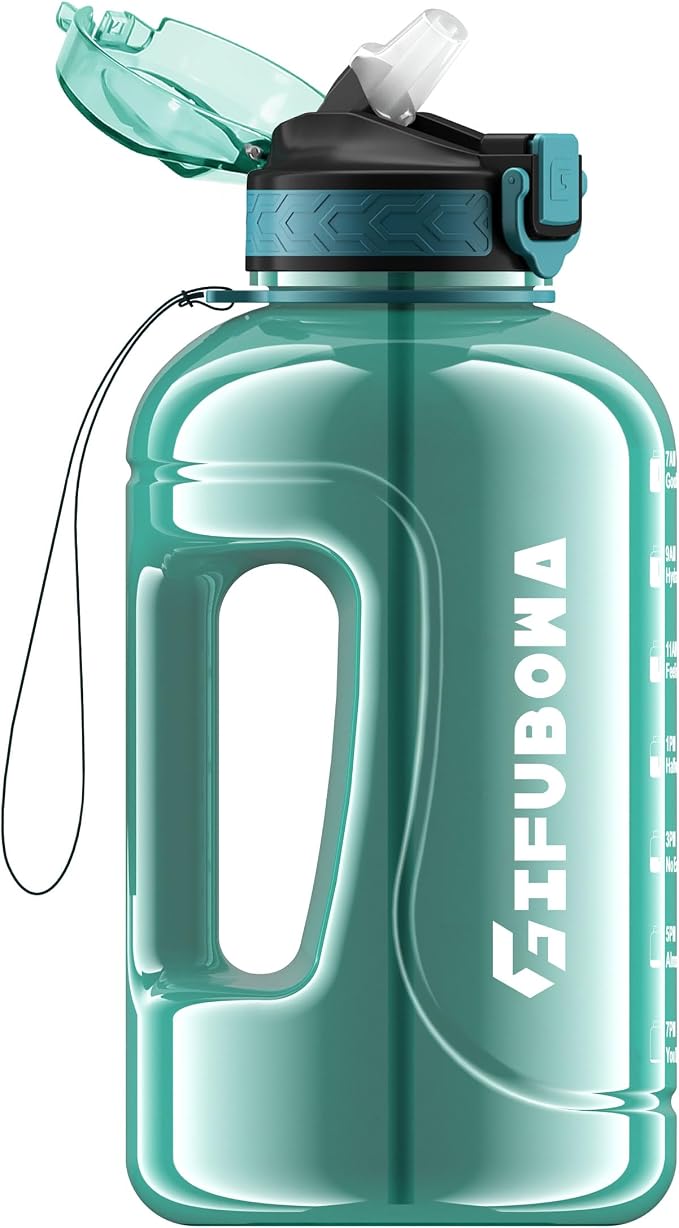 64oz Sports Durable Water Bottle with Handle Leak Proof | Big Handle, 2l, Wide Mouth, Motivational and Time Marker for Camping Gym, Office