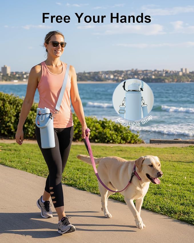 Trebo Water Bottle Insulated 40 oz with 3 Lids, Paracord Handle & Sleeve | Stainless Steel Flask Vacuum, Triple Wall Copper Plated, Dishwasher Safe, Keeps Cold 48Hrs for Hiking, Gym, Wide Mouth