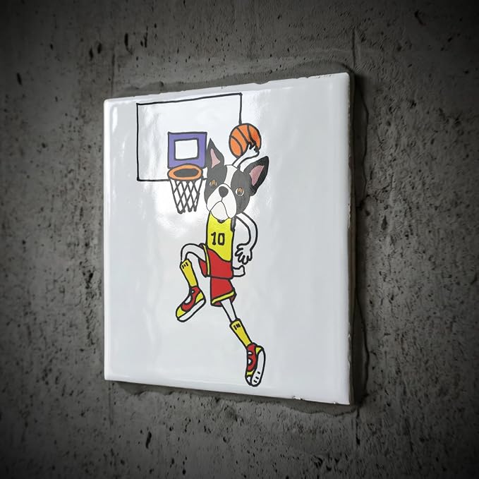 3dRose Funny Boston Terrier Playing Basketball and Slam Dunking Ball 12 Inch Ceramic Tile