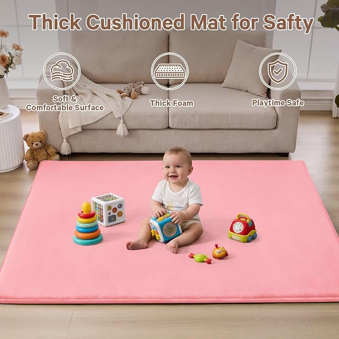 Baby Play Mat for Floor,Ultra Thick Elastic Foam 50"x50" Playmat Tummy Time Muscle Crawling Exercise Activity Cushion Gym Mat Nursery Playroom Area Kids Rug for Babies, Toddlers,Infants,Pink