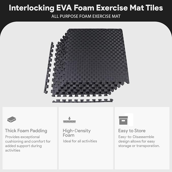 BalanceFrom Puzzle Exercise Mat 3/4" Thick, EVA Interlocking Foam Floor Tiles for Home Gym, Mat for Home Workout Equipment, Floor Padding for Kids, Black, 24 in x 24 in x 3/4 in, 24 Sq Ft - 6 Tiles | 7.5-10 Ft Adjustable Height - Indoor and Outdoor Hoo...
