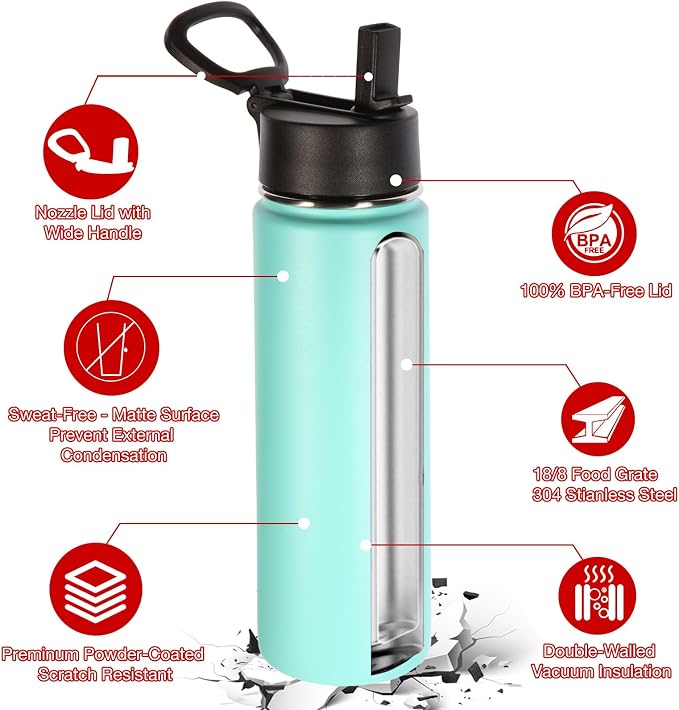 Volhoply 24oz Insulated Water Bottle With Straw Bulk 6 Pack,Metal Wide Mouth Water Bottles With Handle Lid Keep Cold,Reusable Double Wall Cups,Powder Coated Sport Bottle For Holder(Mint,6 Count)