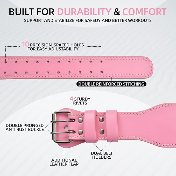 Leather Weight Lifting Belt, 4”& 6”Padded Lumbar Back Support, 10 Adjustable Holes, Gym Weight Belt Ideal for Deadlift, Powerlifting, Bodybuilding and Squat