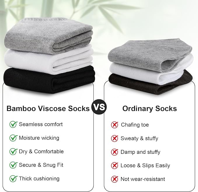 LWK Men's Bamboo Viscose Ankle Socks 10-Pack, Thick Cushioned, Seamless Toe, Moisture Wicking, Arch Support, Gift Box