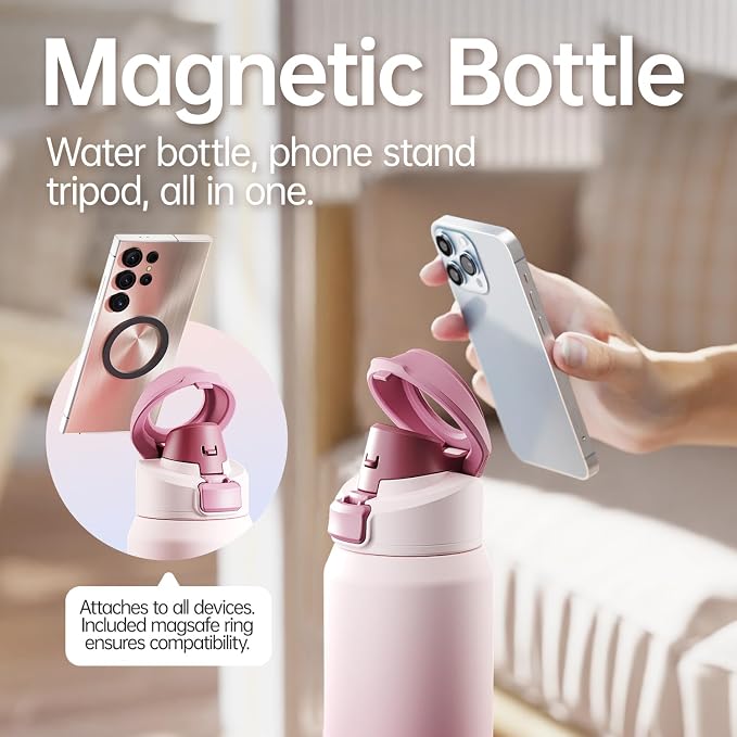 Insulated Magnetic Water Bottle - Reusable Stainless Steel Bottle with MagSafe Compatible Phone Holder - Perfect for Gym, Sports, and Travel - Blush Pink 24oz