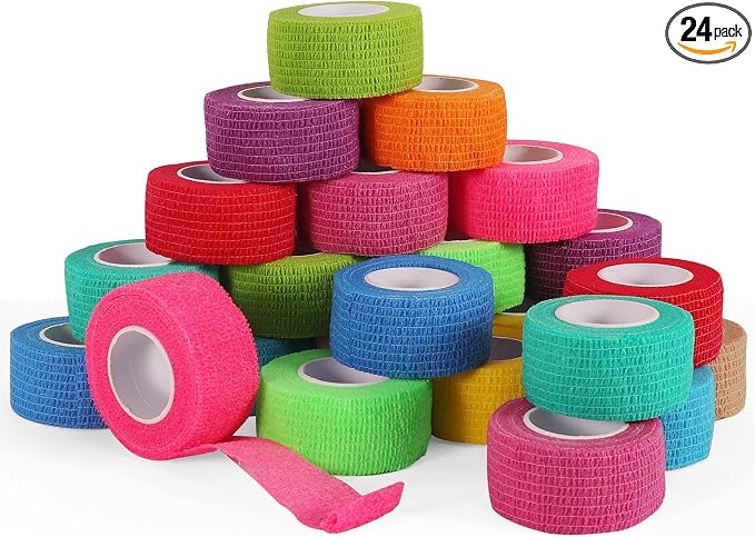 24 Rolls Elastic Self Adhesive Bandage Wrap 1 Inch, Breathable Non Woven Cohesive Bandage, Vet Wrap for Dogs, Ankle Sprains Swelling Medical First Aid Tape, Sports Athletic Tape Color