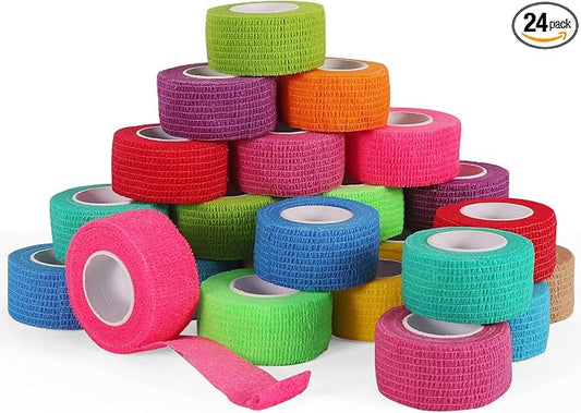 24 Rolls Elastic Self Adhesive Bandage Wrap 1 Inch, Breathable Non Woven Cohesive Bandage, Vet Wrap for Dogs, Ankle Sprains Swelling Medical First Aid Tape, Sports Athletic Tape Color
