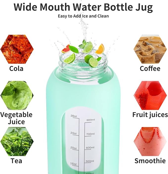 EALGRO 40 oz Glass Water Bottle with Straw, Large Sports Water Jug | Motivational Water Bottle with Time Marker and Silicone Sleeve, Flask Cup with Handle for Travel, Gym, Hiking, Army Green
