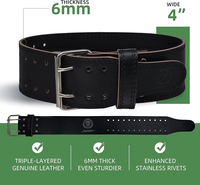 Weight lifting Belt (6mm Thick) - Genuine leather, offering back support. Double-pronged buckle, ideal for weightlifting, powerlifting, squats and deadlifts