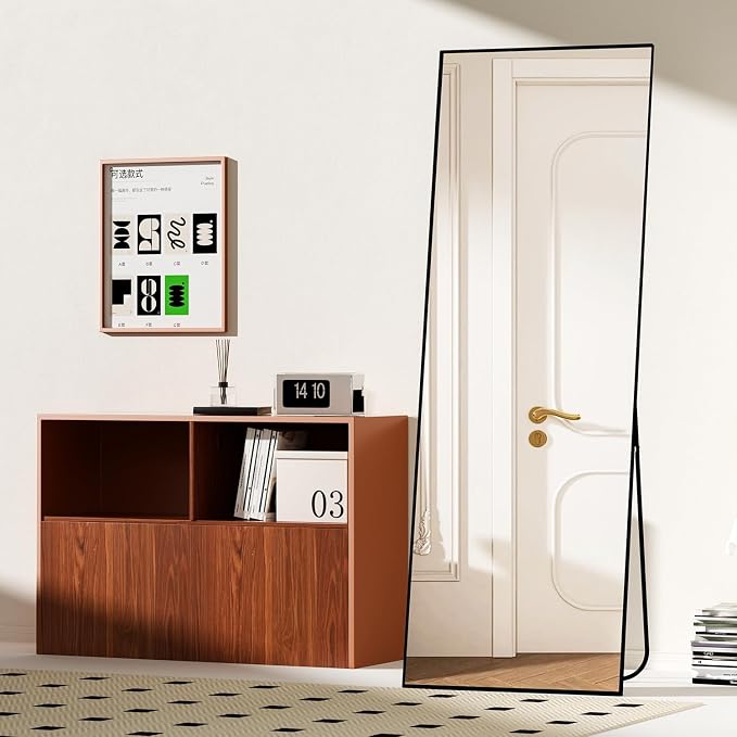Full Length Mirror with Stand,Full Body Mirror for Living Room and Dressing Room,57"x20" Aluminum Alloy Frame,Hanging or Leaning for Wall,Rectangular, Black
