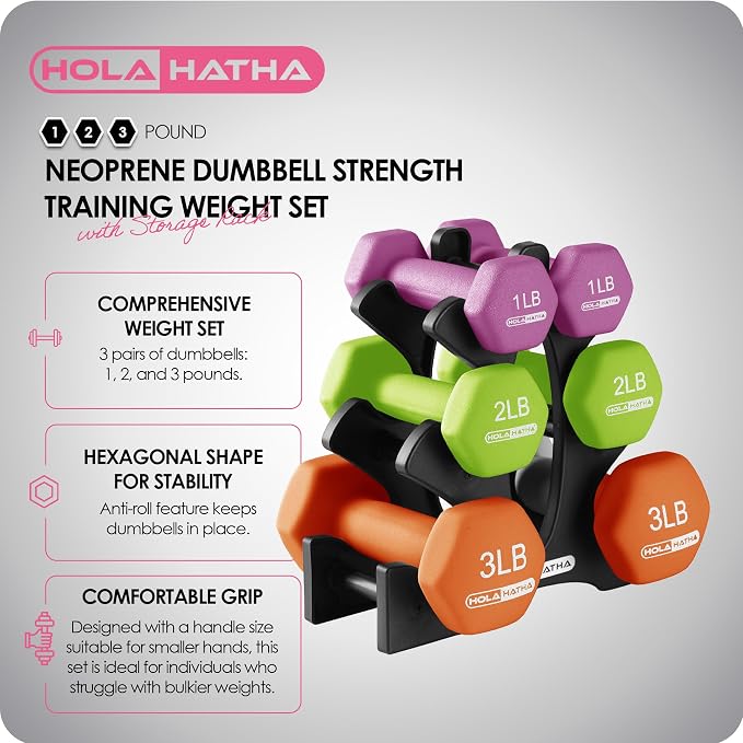HolaHatha 1, 2 and 3 lb Neoprene Dumbbell Strength Training Weight Set with Rack