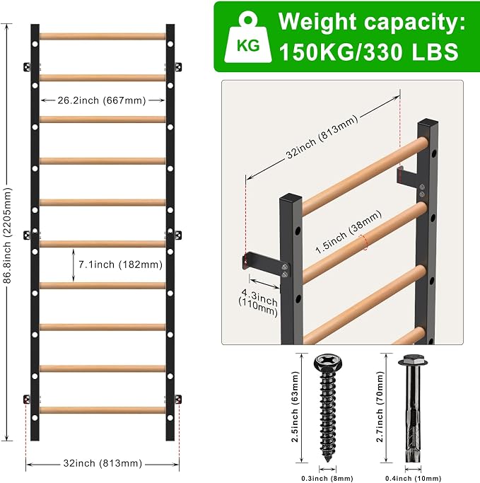 Kipika Gymnastic Wood Stall Bar, 2"x2" Swedish Ladder with 1" Hole | Wall Mounted Pull-up Bar Ladder Suspension Trainer, Solid Wood Grips Gymnastics Training Bar for Home, Wall Gym, School