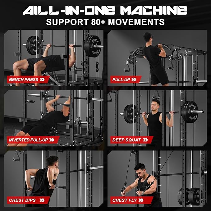 S1-V4 Smith Machine, 2000LBS Power Cage with Cable Crossover System, All-in-One Squat Rack with Smith Bar, Strength Training Equipment for Home Gym
