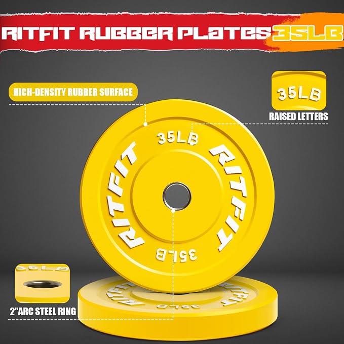 RitFit Color Coded Bumper Plate, Olympic Bumper Plate for Barbell, 2-Inch Bumper Weight Plates With Steel Insert, rubber weight plates for Strength Training in Home Gym