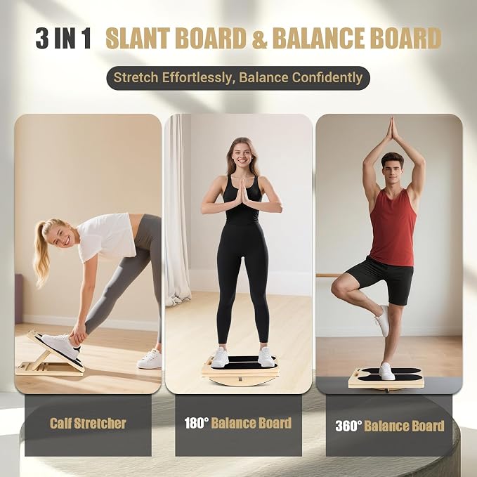 3-in-1 Slant Board & 180°/360° Balance Board, 300 LBS Capacity Calf Stretch | Training Poster, 6 Adjustable Angles, Non-Slip Calf Mobility Board for Legs, Ankles, Knees, Heels, Physical Therapy & wobble