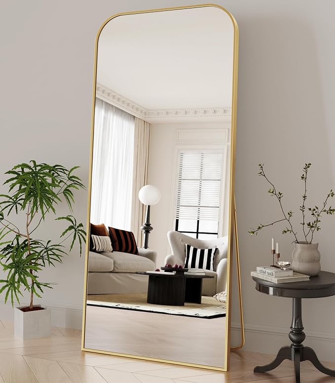 Koonmi Full Length Mirror, 65"x24" Mirror Full Length with Stand | Domed Top Square-Edged ShatterProof Floor Mirror with Gold Aluminum Alloy Frame for Bedroom Living Room Home Gym