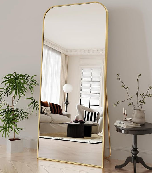 Koonmi Full Length Mirror, 65"x24" Mirror Full Length with Stand | Domed Top Square-Edged ShatterProof Floor Mirror with Gold Aluminum Alloy Frame for Bedroom Living Room Home Gym