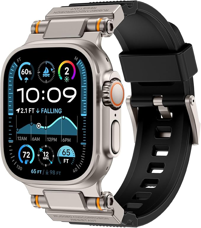 Band Compatible with Apple Watch Ultra 3/2/1 Band 49/46/45/44mm | Metal Connector with Silicone Rugged Strap for iWatch Ultra Series 11/10/9/8/7/6/SE3/SE2/SE/5/4/3/2/1, Black/Titanium