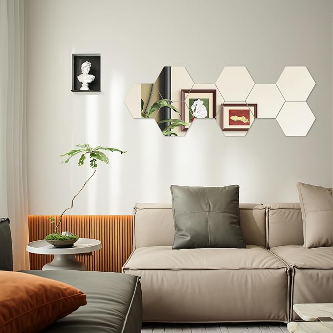 Hexagon Self Adhesive Peel and Stick Stick on Acrylic Mirror for Wall | Small Mirrors Tiles 11.8x11.8 Inch 10PCS, Flexible Unbreakable Full Length Mirror for Bathroom Gym Home Door Decor