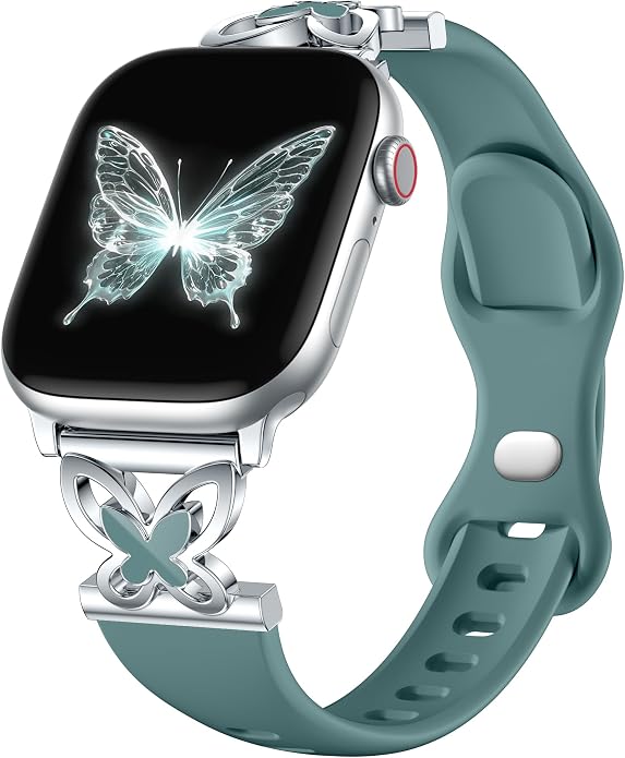 Lerobo Slim Silicone Band Compatible with Apple Watch Bands for Women | Dressy Metal Butterfly 16mm Thin Strap for iWatch Series 11 10 9 8 7 6 5 4 SE Ultra 38mm 40mm 41mm 42mm 44mm 45mm 46mm 49mm