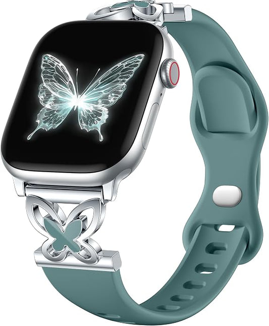 Lerobo Slim Silicone Band Compatible with Apple Watch Bands for Women | Dressy Metal Butterfly 16mm Thin Strap for iWatch Series 11 10 9 8 7 6 5 4 SE Ultra 38mm 40mm 41mm 42mm 44mm 45mm 46mm 49mm