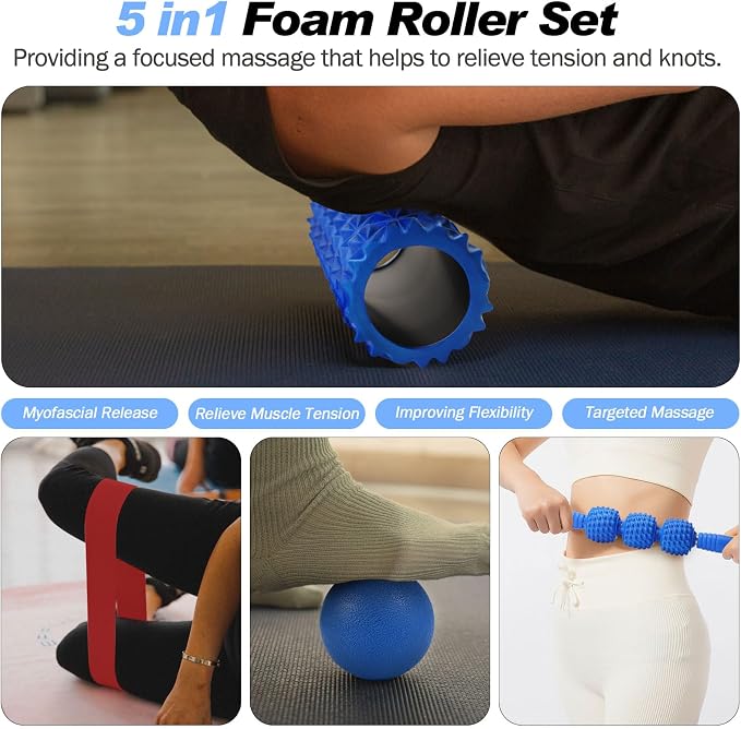 5 in 1 Foam Roller Set High Density Patented Foam Roller for Exercise | Foam Roller Massage Stick, Massage Ball, Resistance Band for Deep Muscle Massage Yoga Trigger Point Release Blue Diamond
