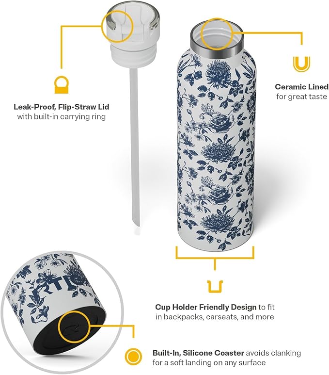 RTIC 20oz Journey Water Bottle Ceramic Lined Metal Stainless Steel Vacuum Insulated, BPA Free, Reusable, for Water, Hot and Cold Drinks, Travel, Sports, Camping, Blue Bouquet