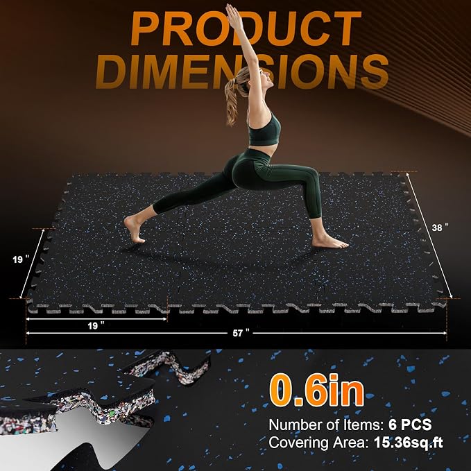 Interlocking Rubber Floor Tiles 15MM –Thicker Heavy Duty 100% Rubber Gym Flooring for Home Gym, Workout Room, Garage, Equipment Mats, Protective Workout Mat, Blue-Black 6-Pack