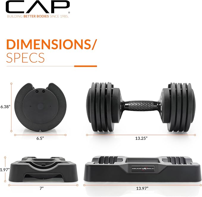 CAP ADJUSTABELL Adjustable Dumbbell Set, Premium Quick Select Adjustable Weights for Strength Training, Singles & Pairs, 12.5 LB, 25 LB & 55 LB, Round & Hex Dumbbells, Multiple Grip Handle Options